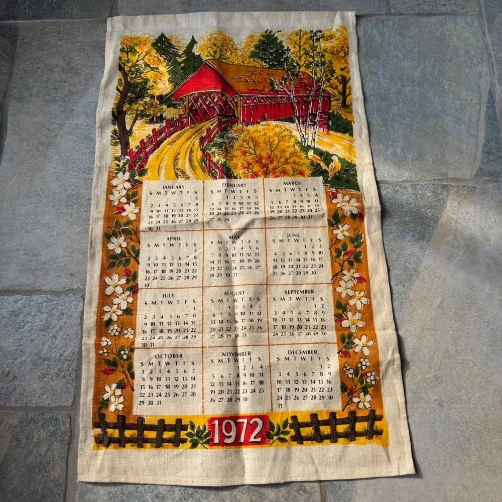 Vintage 1972 Calendar Tea Towel Red Covered Bridge Cottagecore Grandma Fall‎